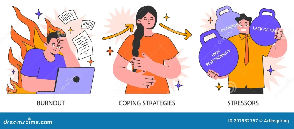 stress-management-set-diverse-office-characters-work-burnout-employee-life-balance-relaxation-techniques-self-care-emotional-297932757